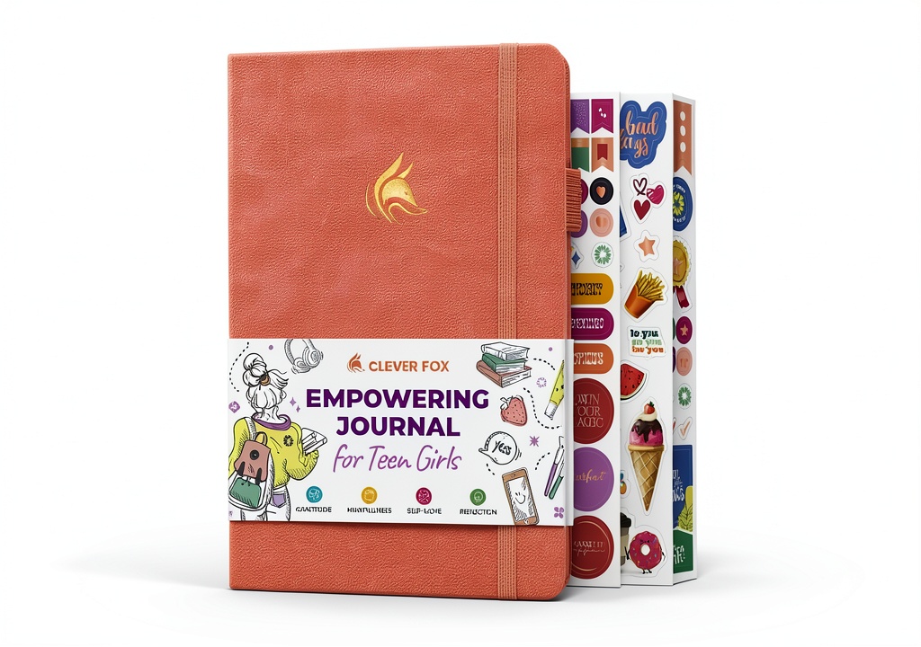Teen girl writing in a faux leather journal on a desk
